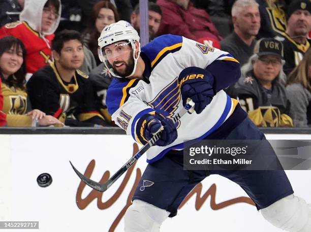 Robert Bortuzzo of the St. Louis Blues passes the puck against the Vegas Golden Knights in the first period of their game at T-Mobile Arena on...