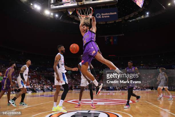 Tim Soares of the Kings duncs during the round 12 NBL match between Sydney Kings and Melbourne United at Qudos Bank Arena, on December 25 in Sydney,...