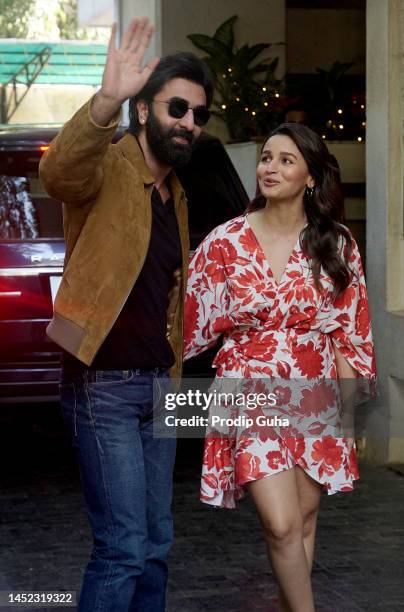 Ranbir Kapoor and Alia Bhatt attend the Kapoor family's Christmas brunch on December 25, 2022 in Mumbai, India