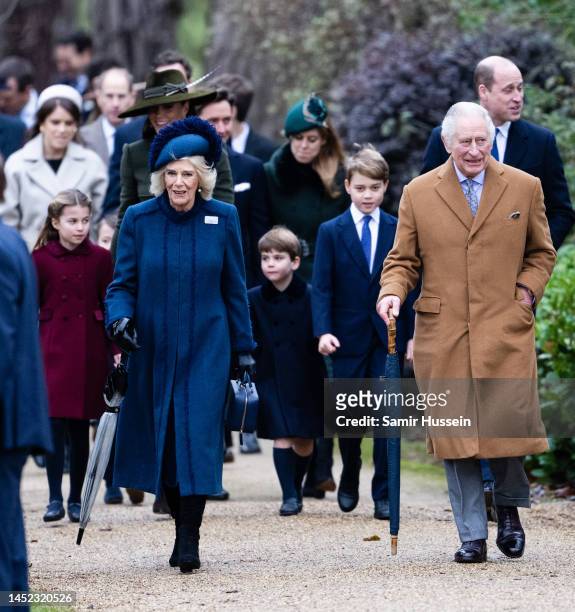 Princess Charlotte, Catherine, Princess of Wales, Camilla, Queen Consort, Prince Louis, Prince George and King Charles III attend the Christmas Day...