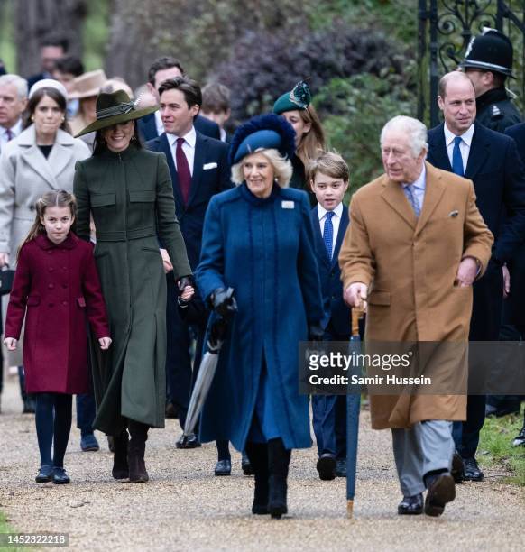 Princess Charlotte, Catherine, Princess of Wales, Camilla, Queen Consort, Prince George, King Charles III and Prince William, Prince of Wales attend...