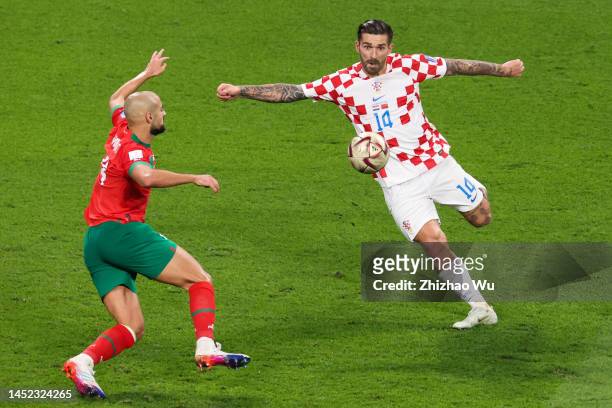 Marko Livaja of Croatia shots during the FIFA World Cup Qatar 2022 3rd Place match between Croatia and Morocco at Khalifa International Stadium on...