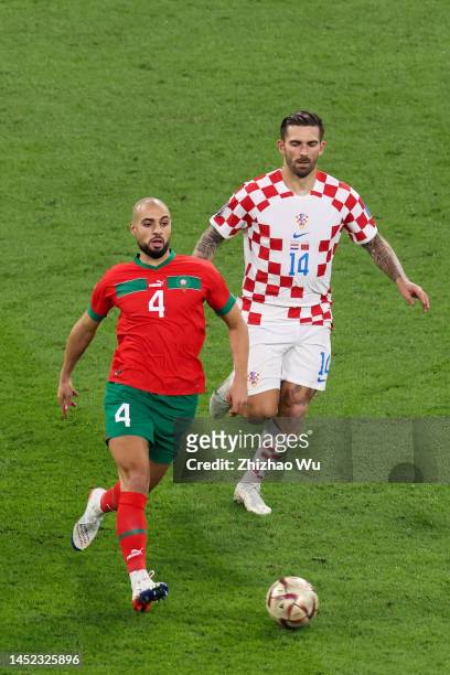 Sofyan Amrabat of Morocco controls the ball during the FIFA World Cup Qatar 2022 3rd Place match between Croatia and Morocco at Khalifa International...