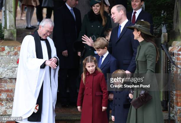 The Reverend Canon Dr Paul Williams talks to Princess Charlotte of Wales, Prince George of Wales, Prince William, Prince of Wales, Prince Louis of...