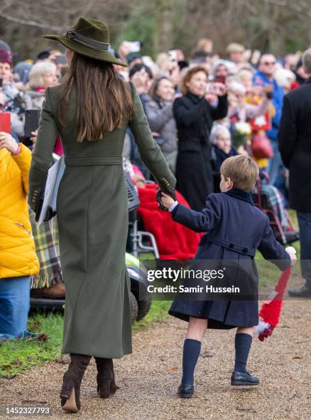 Prince Louis and Catherine, Princess of Wales attend the Christmas Day service at Sandringham Church on December 25, 2022 in Sandringham, Norfolk....