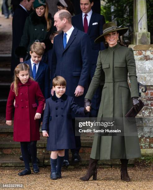 Prince George, Princess Charlotte, Prince William, Prince of Wales, Prince Louis and Catherine, Princess of Wales attend the Christmas Day service at...