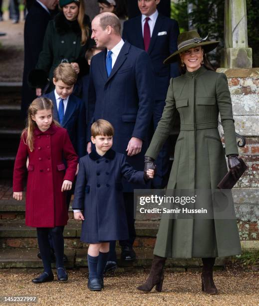 Prince George, Princess Charlotte, Prince William, Prince of Wales, Prince Louis and Catherine, Princess of Wales attend the Christmas Day service at...