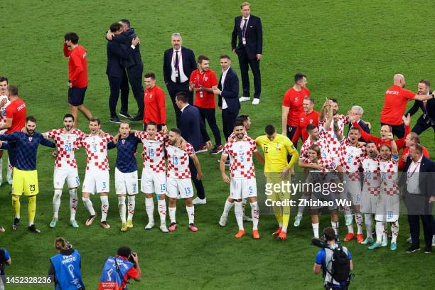 Players of Croatia celebrate the victory after the FIFA World Cup Qatar 2022 3rd Place match between Croatia and Morocco at Khalifa International...