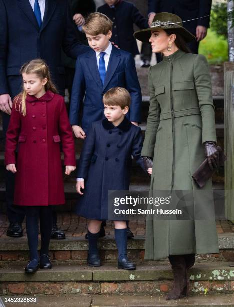 Prince George, Princess Charlotte, Prince Louis and Catherine, Princess of Wales attend the Christmas Day service at Sandringham Church on December...