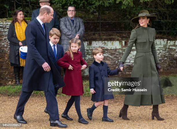 Prince William, Prince of Wales, Prince George, Princess Charlotte, Prince Louis and Catherine, Princess of Wales attend the Christmas Day service at...