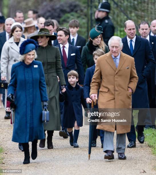 Catherine, Princess of Wales, Camilla, Queen Consort, Prince Louis, Prince George, King Charles III and Prince William, Prince of Wales attend the...