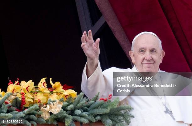 Pope Francis delivers his Christmas Urbi Et Orbi Blessing and his traditional Christmas Day message from the central loggia of St. Peter's Basilica...