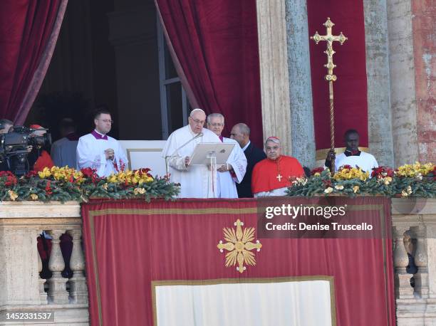 Pope Francis delivers his Christmas Urbi Et Orbi Blessing and his traditional Christmas Day message from the central balcony overlooking St. Peter's...