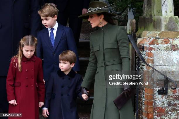 Princess Charlotte of Wales, Prince George of Wales, Prince Louis of Wales and Catherine, Princess of Wales, after the Christmas Day service at...