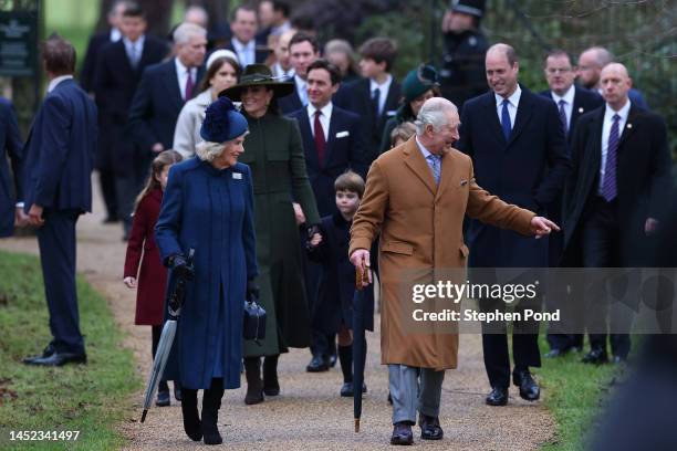 Camilla, Queen Consort and King Charles III attend the Christmas Day service at St Mary Magdalene Church on December 25, 2022 in Sandringham,...