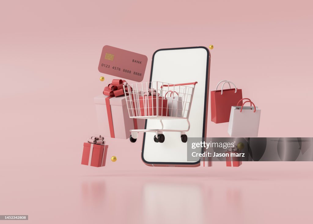 Shopping Online on Mobile Application Concept Marketing and Digital . 3D RENDER