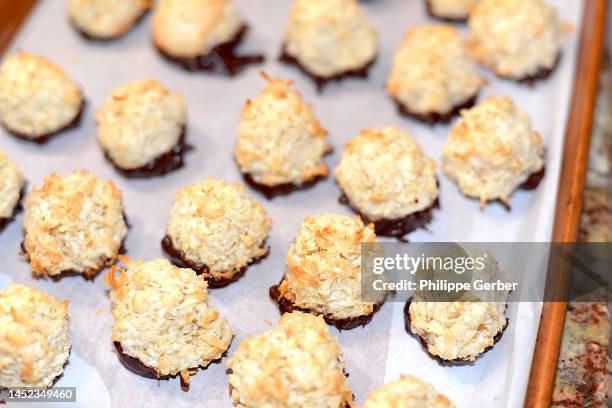 homemade chocolate and coconut macaroons - coconut biscuits stock pictures, royalty-free photos & images