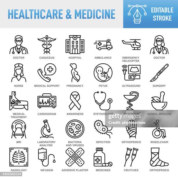 healthcare and medicine - thin line vector icon set. pixel perfect. editable stroke. for mobile and web. the set contains icons: healthcare and medicine, medical exam, medicine, hospital, doctor, medical insurance, insurance, nurse, stethoscope, ambulance - emergancy communication stock illustrations