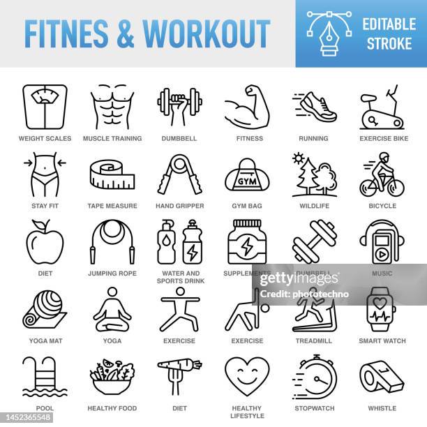 fitness & workout - thin line vector icon set. pixel perfect. editable stroke. for mobile and web. the set contains icons: healthy lifestyle, exercising, sport, healthy eating, gym, wellbeing, dieting, healthcare and medicine, weight scale, lifestyles, ru - apple heart stock illustrations