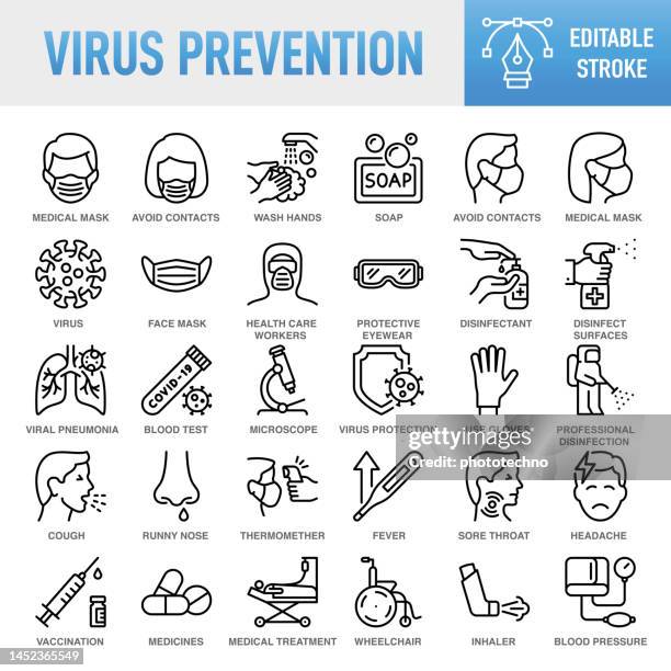 stockillustraties, clipart, cartoons en iconen met virus prevention - thin line vector icon set. pixel perfect. editable stroke. for mobile and web. the set contains icons: coronavirus, covid-19, protective face mask, healthcare and medicine, symptom, illness, pandemic - illness, medical exam, virus - long nose