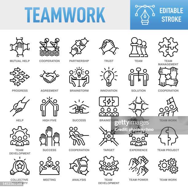 stockillustraties, clipart, cartoons en iconen met teamwork - thin line vector icon set. pixel perfect. editable stroke. for mobile and web. the set contains icons: teamwork, community, people, business, cooperation, partnership - teamwork, organization, leadership, human resources, recruitment - support network