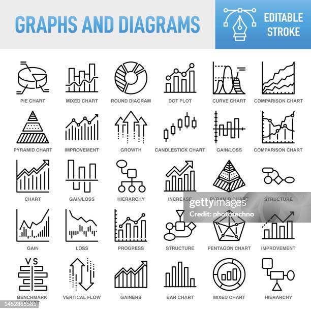 graph and diagram - thin line vector icon set. pixel perfect. editable stroke. for mobile and web. the set contains icons: graph, chart, data, growth, progress, improvement, development, analyzing, business, finance, stock market and exchange, investment - excel spreadsheet stock illustrations