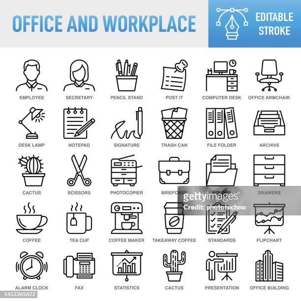 stockillustraties, clipart, cartoons en iconen met business office concepts and workplace - thin line vector icon set. pixel perfect. editable stroke. for mobile and web. the set contains icons: office, desk, place of work, adhesive note, portfolio, briefcase, business, personal organizer, secretary, assi - clock person desk