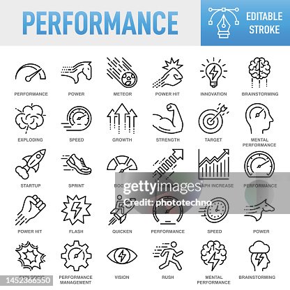 Performance - Thin line vector icon set. Pixel perfect. Editable stroke. For Mobile and Web. The set contains icons: Performance, Speed, Growth, Strength, Improvement, Development, Business, Internet, Running, Efficiency, Progress Performance - Thin line vector icon set. Pixel perfect. Editable stroke. For Mobile and Web. The set contains icons: Performance, Speed, Growth, Strength, Improvement, Development, Business, Internet, Running, Efficiency, Progress