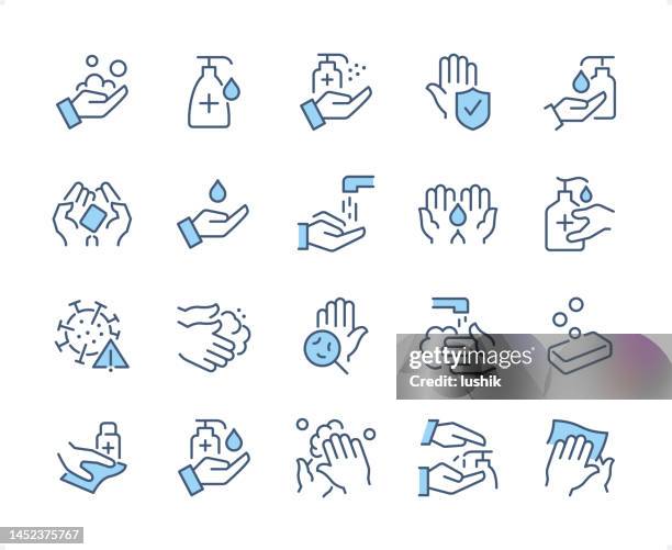 washing hands icon set. editable stroke weight. pixel perfect dichromatic icons. - cleaner icon stock illustrations