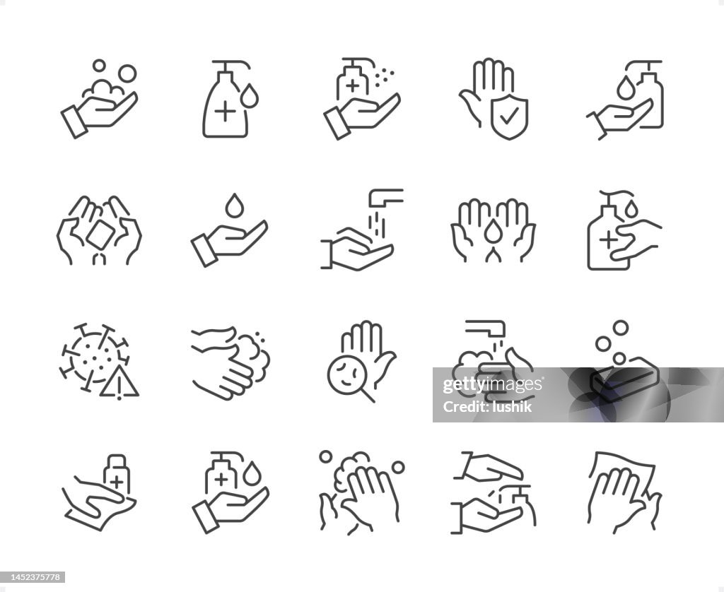 Händewaschen Icon Set. Bearbeitbare Strichstärke. Pixel perfekte Symbole.