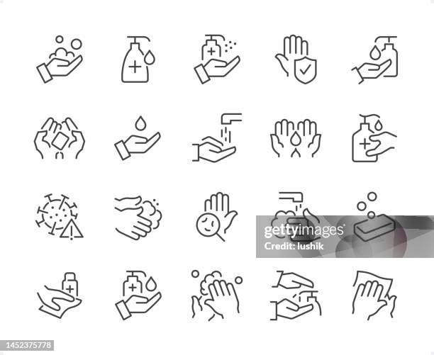 stockillustraties, clipart, cartoons en iconen met washing hands icon set. editable stroke weight. pixel perfect icons. - hygiene