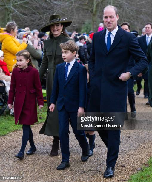 Princess Charlotte, Catherine, Princess of Wales, Prince George and Prince William, Prince of Wales attend the Christmas Day service at Sandringham...