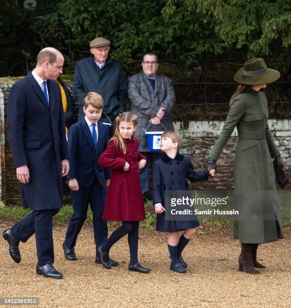 Prince William, Prince of Wales, Prince George, Princess Charlotte, Prince Louis and Catherine, Princess of Wales attend the Christmas Day service at...