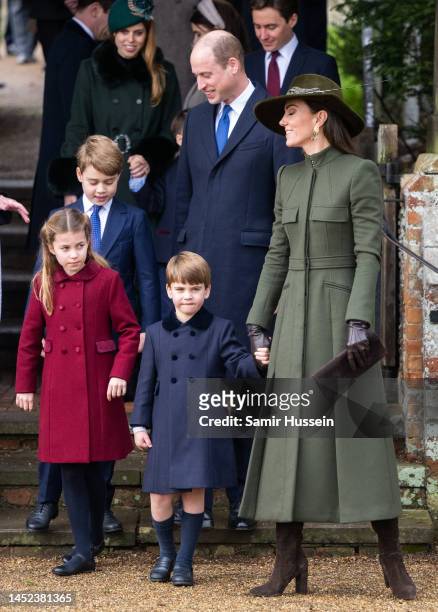Prince George, Princess Charlotte, Prince William, Prince of Wales, Prince Louis and Catherine, Princess of Wales attend the Christmas Day service at...