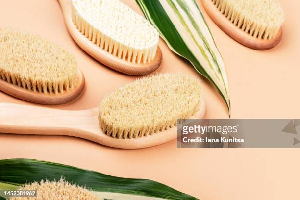 set of wood body massage brushes on beige background with green leaves. zero waste, beauty products. eco friendly concept. - body scrub stock pictures, royalty-free photos & images