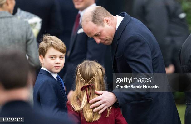Prince William, Prince of Wales, Prince George and Princess Charlotte attend the Christmas Day service at Sandringham Church on December 25, 2022 in...