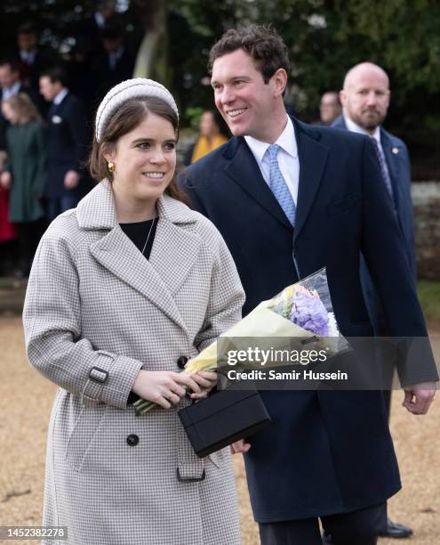 Princess Eugenie and Jack Brooksbank attend the Christmas Day service at Sandringham Church on December 25, 2022 in Sandringham, Norfolk. King...