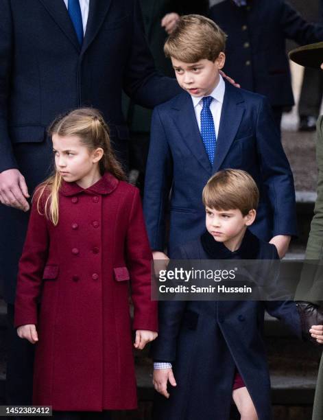 Prince George, Princess Charlotte and Prince Louis attend the Christmas Day service at Sandringham Church on December 25, 2022 in Sandringham,...