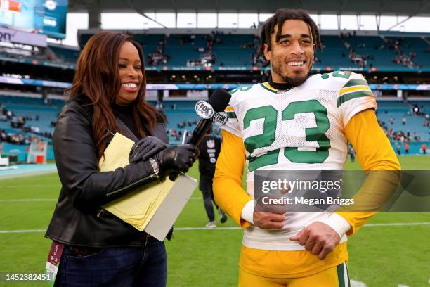 Jaire Alexander of the Green Bay Packers is interviewed on the field after defeating the Miami Dolphins at Hard Rock Stadium on December 25, 2022 in...