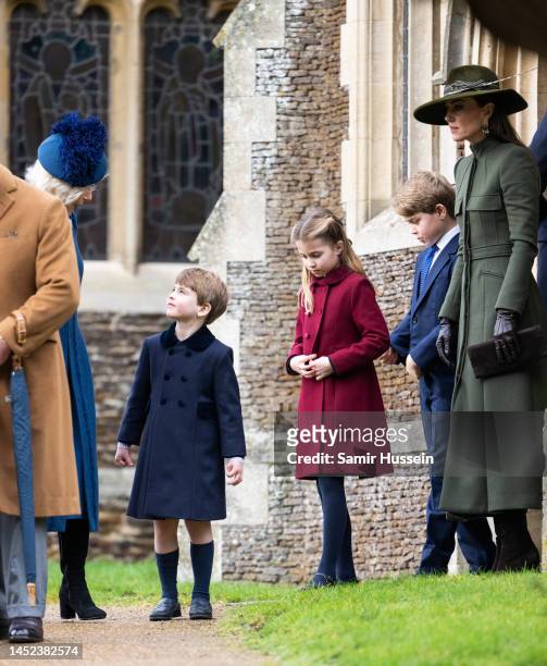 Camilla, Queen Consort, Prince Louis, Princess Charlotte, Prince George and Catherine, Princess of Wales attend the Christmas Day service at...