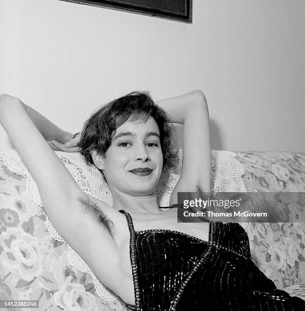 Actress Sean Young showing off her unshaved arm pits in 1990 in Manhattan in New York.