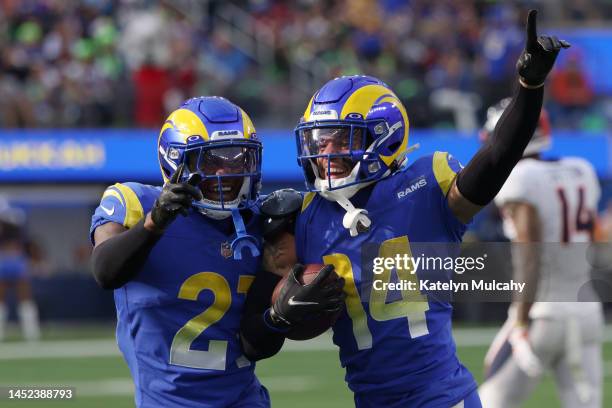 Cobie Durant of the Los Angeles Rams celebrates an interception during the first quarter of the game against the Denver Broncos at SoFi Stadium on...