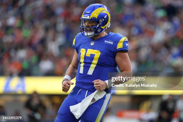 Baker Mayfield of the Los Angeles Rams celebrates a touchdown during the first quarter of the game against the Denver Broncos at SoFi Stadium on...