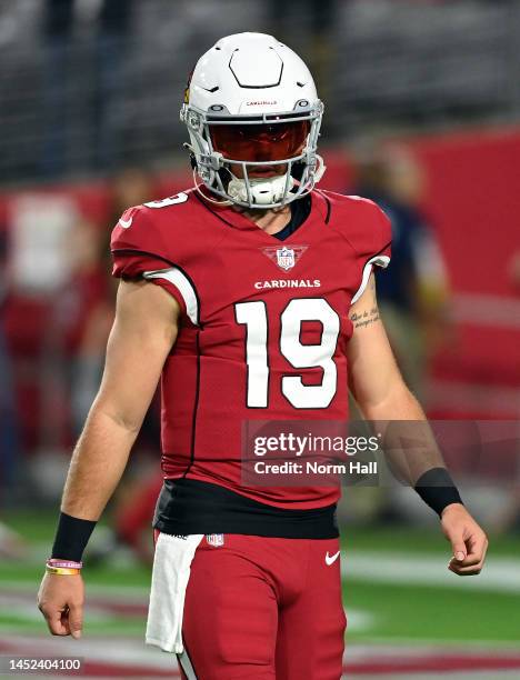 Trace McSorley of the Arizona Cardinals warms up prior to the game against the Tampa Bay Buccaneers at State Farm Stadium on December 25, 2022 in...