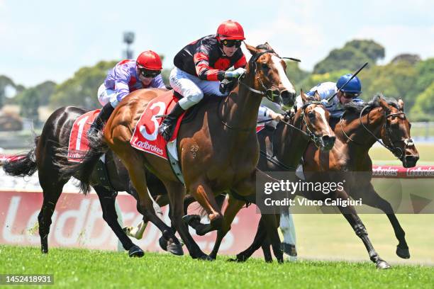 Harry Coffey riding Dunkel winning Race 2, the Frank O'brien Handicap, during Melbourne Racing at Sandown Hillside on December 26, 2022 in Melbourne,...