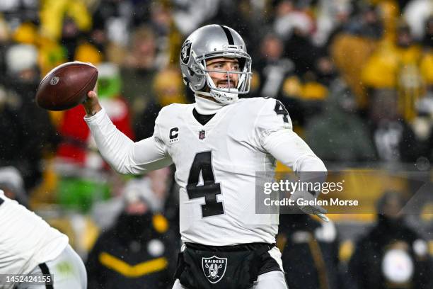 Derek Carr of the Las Vegas Raiders throws a pass in the fourth quarter against the Pittsburgh Steelers at Acrisure Stadium on December 24, 2022 in...