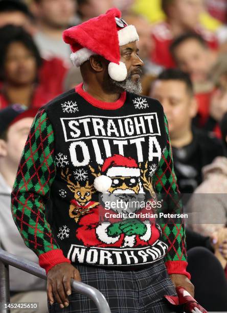Fan is dressed in a Christmas sweater during the game between the Tampa Bay Buccaneers and the Arizona Cardinals at State Farm Stadium on December...
