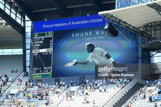 Tribute to Shane Warne is displayed on the scoreboard during day one of the Second Test match in the series between Australia and South Africa at...