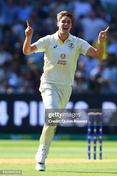 Cameron Green of Australia celebrates a wicket during day one of the Second Test match in the series between Australia and South Africa at Melbourne...