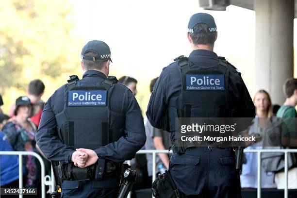 Police watch as patrons enter AAMI Park during the round nine A-League Men's match between Western United and Melbourne Victory at AAMI Park, on...